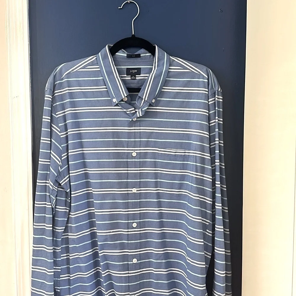 Men’s J.Crew Blue Striped Cotton Slim Fit Long Sleeve Casual Shirt Size XL